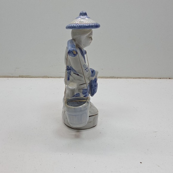 Vintage Chinese Porcelain Blue White Fisherman Figurine Water Buckets and Fish - Picture 6 of 9